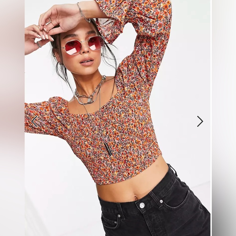 Violet Romance shirred crop top in ditsy print